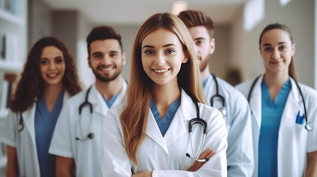 Team Of Young Doctors Coordinating Patient Care In A Hospital. Medical Center Wallpaper, Happy Doctor In Uniform.