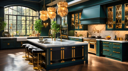 Art deco accents punctuating a modern kitchen space, - obrazy, fototapety, plakaty