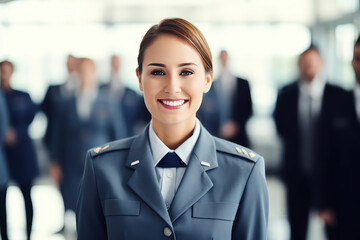 Smiling Servicewoman portrait with copy space. Young Woman Military soldier. 