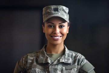 Smiling Servicewoman portrait with copy space. Young Woman Military soldier. 