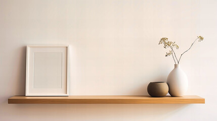 Minimalistic white frame on a floating shelf,