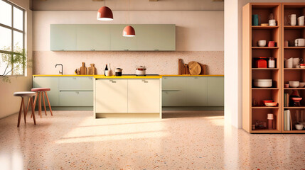 Fototapeta premium Terrazzo flooring lending an eclectic touch to a minimalist kitchen