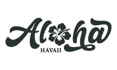 Aloha text, emblem and logo isolated on white. Hand drawn Aloha Hawaiian word for hawaii shirt print or sign. Lettering or summer party invitation, flyer and poster design.