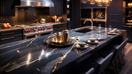 Black marble countertops against stainless steel appliances,