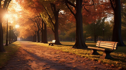 photorealistic, copy space, late afternoon light, Alley in the autumn park, tranquil scene, beautiful urban landscape in a park. Autumn colors and autumns leaves.