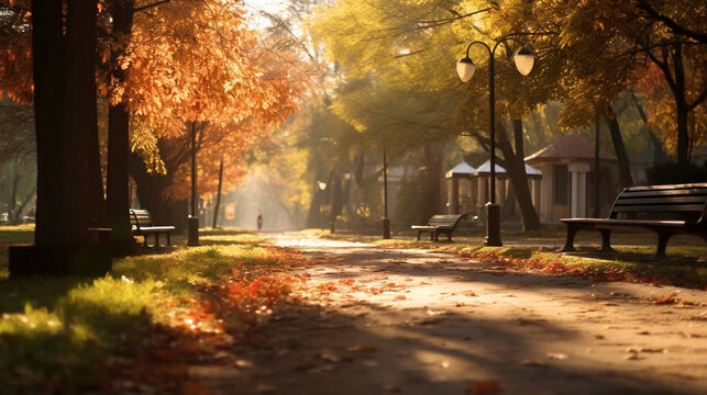 photorealistic, copy space, late afternoon light, Alley in the autumn park, tranquil scene, beautiful urban landscape in a park. Autumn colors and autumns leaves.