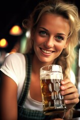 Young smiling German woman on Oktoberfest drinking beer. Generative AI