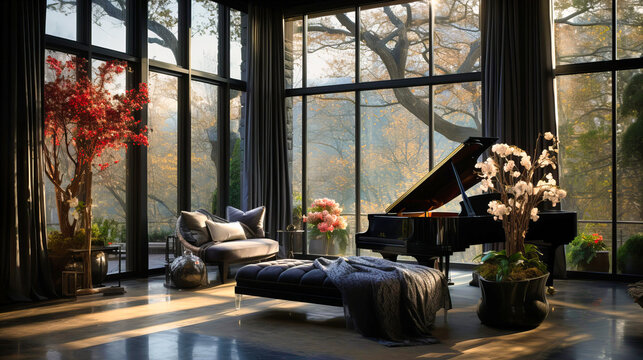 Black velvet drapes framing large floor-to-ceiling windows