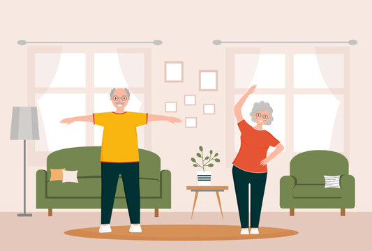 Senior People Do Gymnastics At Home. Elderly Couple. Grandparents Doing Exercises. Sport At Home. Morning Exercises.Old People Doing Exercises. Vector Illustration In Flat Style.