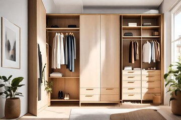 An open wardrobe made of sleek, modern materials stands against a backdrop of polished concrete walls. AI Generative - Powered by Adobe