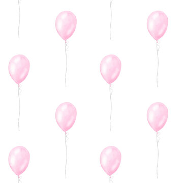 Seamless pattern pink balloons, girl kids birthday surprise. Hand drawn watercolor illustration isolated on transparent background. For gender reveal party, baby shower, children's design
