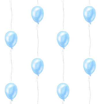 Seamless pattern blue balloons, boy kids birthday surprise. Hand drawn watercolor illustration isolated on transparent background. For gender reveal party, baby shower, children's design