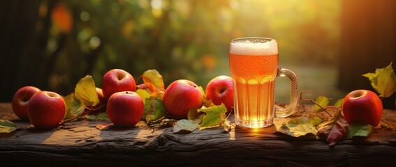 Banner with homemade apple cider vinegar or juice in glass. Healthy organic food, fermented fruit drink. Autumn  harvest concept. Sunny orchard background with copy space 