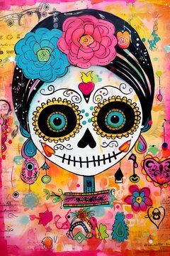 Day of the dead, sugar skull, la Catrina cartoon illustration,  Día de los Muertos, Mexico, traditional holiday. Festivity and celebration.