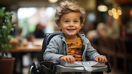 portrait of smiling little boy in wheelchair - obrazy, fototapety, plakaty