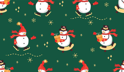 Cartoon snowmen skating and skateboarding.Winter seamless pattern with cute characters in warm clothes,snowflakes.Colorful print on fabric and paper.Vector  hand drawn illustration on green background