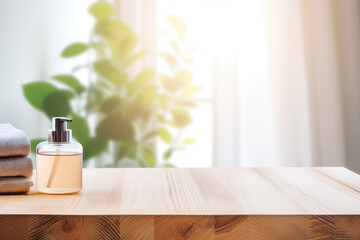 Empty marble table in front of blurred terrace interior background. Product placement background for mockups.