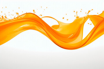 Orange color wave splash with splatters and drops on solid color white background.