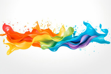 Rainbow color wave splash with splatters and drops on solid color white background.