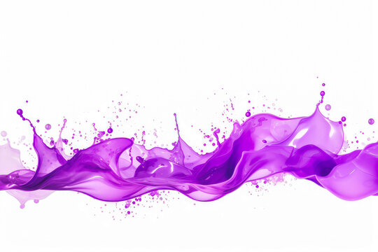 Purple color wave splash with splatters and drops on solid color white background.