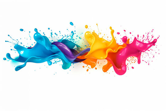 Rainbow color wave splash with splatters and drops on solid color white background.
