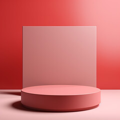 Abstract red, pink cylinder pedestal podium, Red, pink empty room, Shadow of window. Product display presentation. Studio room concept, Minimal wall scene. Made with generative ai
