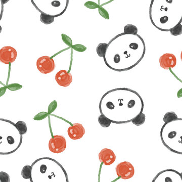 Cute hand drawn watercolor kawaii panda bear face with red cherry background, fruits and animals seamless pattern design for textile or wrapping paper