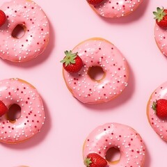 Donuts pattern with icing and fresh strawberries on pastel pink background. Sprinkled sweet and colourful glazed doughnut. Flat lay. Vertical food concept