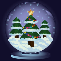 garlands on the tree,  snow falls, star at the top of the tree, the star is burning on the tree, christmas glass ball, snow globe, fir tree