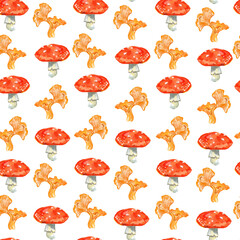 Hand drawn seamless pattern with coloredfly agarics and chanterelles mushrooms. Seamless pattern with mushrooms.
