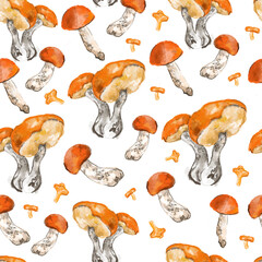 Hand drawn seamless pattern  with colored aspen mushrooms and chanterelles