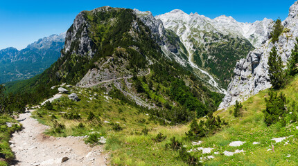 Panoramic views of raw mountain landscapes from the Albanian Alps between Theth and Valbona, Albania