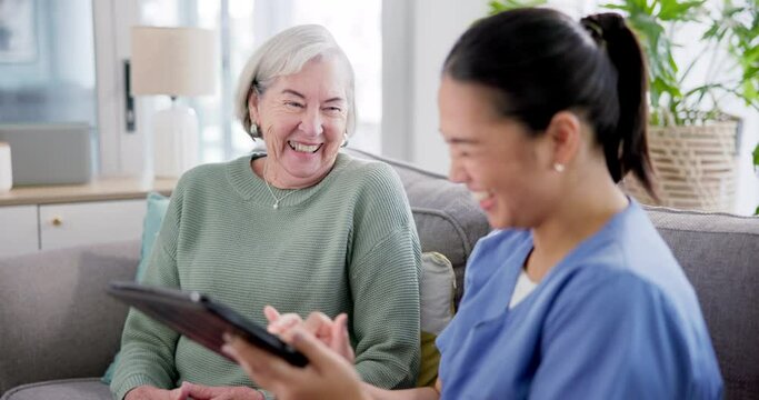 Tablet, consulting and nurse with old woman on sofa for medical, help and communication. Healthcare, retirement and support with caregiver and patient in nursing home for insurance and advice