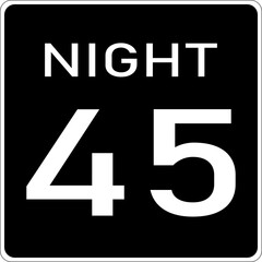 Vector graphic of a usa Night Speed Limit highway sign. It consists of the wording Night and the actual speed limit in a black rectangle