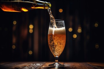 A tall pilsner glass of beer being poured from a bottle on a polished wooden bar with bokeh lights.