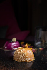 Modern confectionery art. Dessert. Cake. Black backround