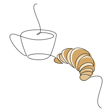 recommend clip art: Vector illustration. Coffee cup croissant line continuous drawing. Hand drawn linear silhouette cooking icon. Graphic print, kitchen banner, card, food product logo, brochure, menu, bakery shop, sign.