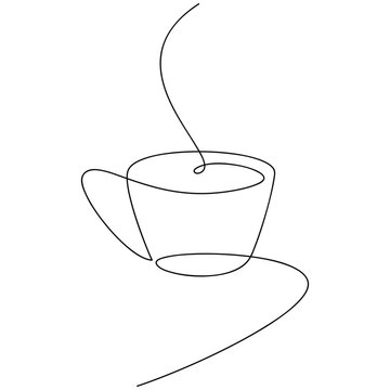 Vector Tea Coffee Cup One Line Continuous Drawing Illustration. Hand Drawn Linear Silhouette Icon. Minimal Outline Design, Graphic Print, Banner, Card, Brochure, Product Logo, Menu, Shop Sign, Symbol.