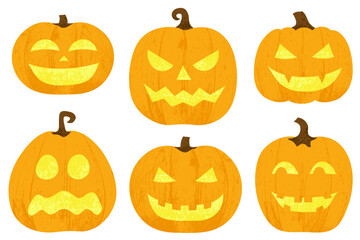 A set of Halloween jack-o-lantern pumpkins in a cut paper style with textures

