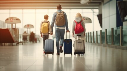 Happy family ready to their journey. Airport terminal. Generative AI