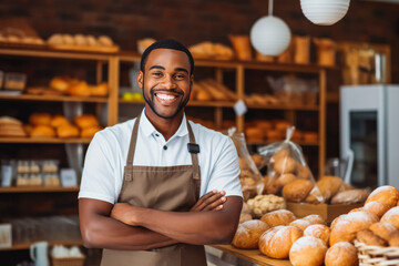 Young black male home baked goods seller standing in his shop. - obrazy, fototapety, plakaty