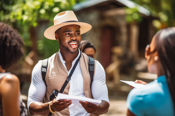 Young black male tour guide doing his job.