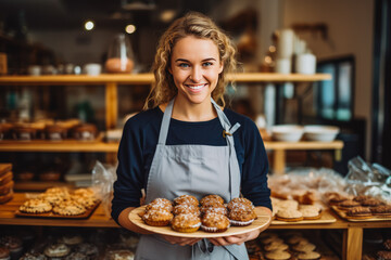 Young caucasian female home baked goods seller standing in her shop.