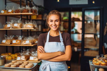 Young caucasian female home baked goods seller standing in her shop.