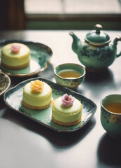 Tea with cute little cakes and copy space