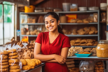 Young indian female home baked goods seller standing in her shop.