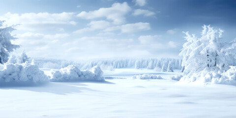 Fototapeta na wymiar winter snowy landscape with plain, forest, blue sky on a sunny clear day