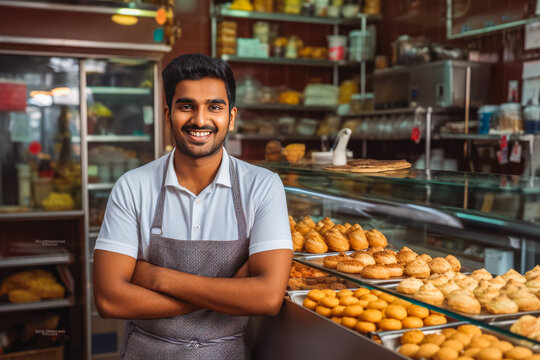 Young indian male home baked goods seller standing in his shop.