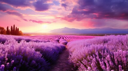 a panoramic view of a lavender field in full bloom, with butterflies gracefully fluttering amidst the fragrant lavender blossoms. The scene exudes the tranquility and beauty of a lavender garden. - obrazy, fototapety, plakaty