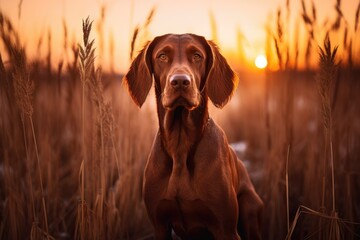 Closeup portrait of a purebred hunting dog breed wearing a brown leather collar outdoors in field in fall autumn season. Banner with haunting hungarian hound pointer vizsla dog